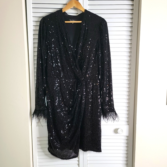 KAIA SEQUIN LONG SLEEVE FAUX WRAP DRESS size 12 BLK - Picture 5 of 9